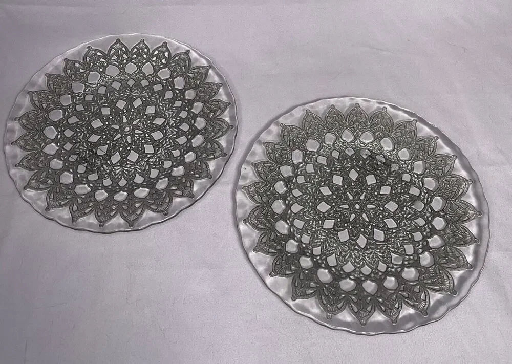 Vintage Clear Glass Doily Gold Foil 8 inch. X2